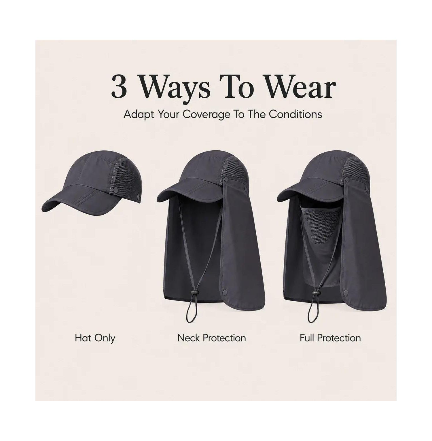 3-in-1 Foldable UPF 50+ Wide Brim Sun Hat with Removable Face Shield and Neck Flap for Women and Men