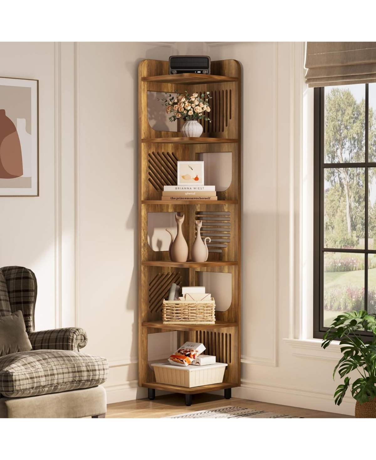 Tribesigns 6-Tier Tall Corner Shelf, 71-Inch Rustic Narrow Bookshelf Bookcase with Square Rack