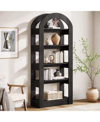 70.87" Tall Arched Bookshelf, Rustic Oak Bookcase with 5-Tier Storage, Modern Decorative Display Shelf