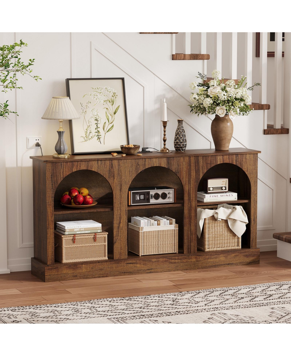 homfan 63" Arched Tv Stand with Charging Station and 3-Tier Open Shelves, for 65-70" Tv