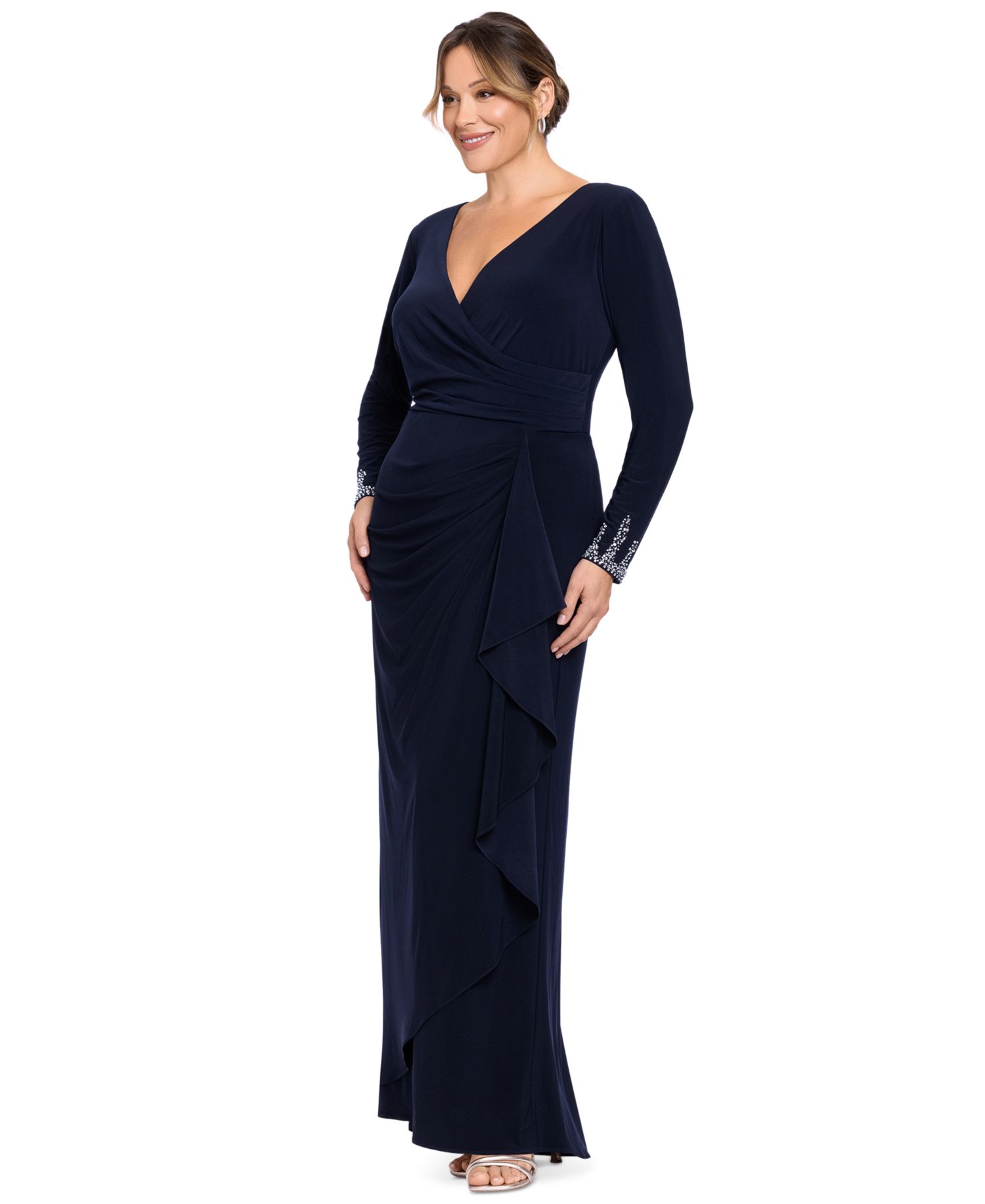 Plus Size Beaded-Sleeve Side-Ruffle Maxi Dress