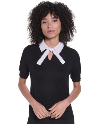 Women's Short-Sleeve Collared Keyhole Sweater