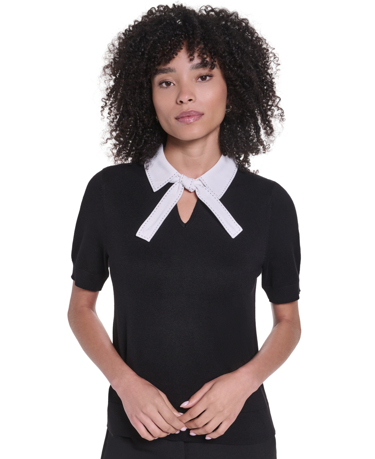 Karl Lagerfeld Paris Women's Short-Sleeve Collared Keyhole Sweater