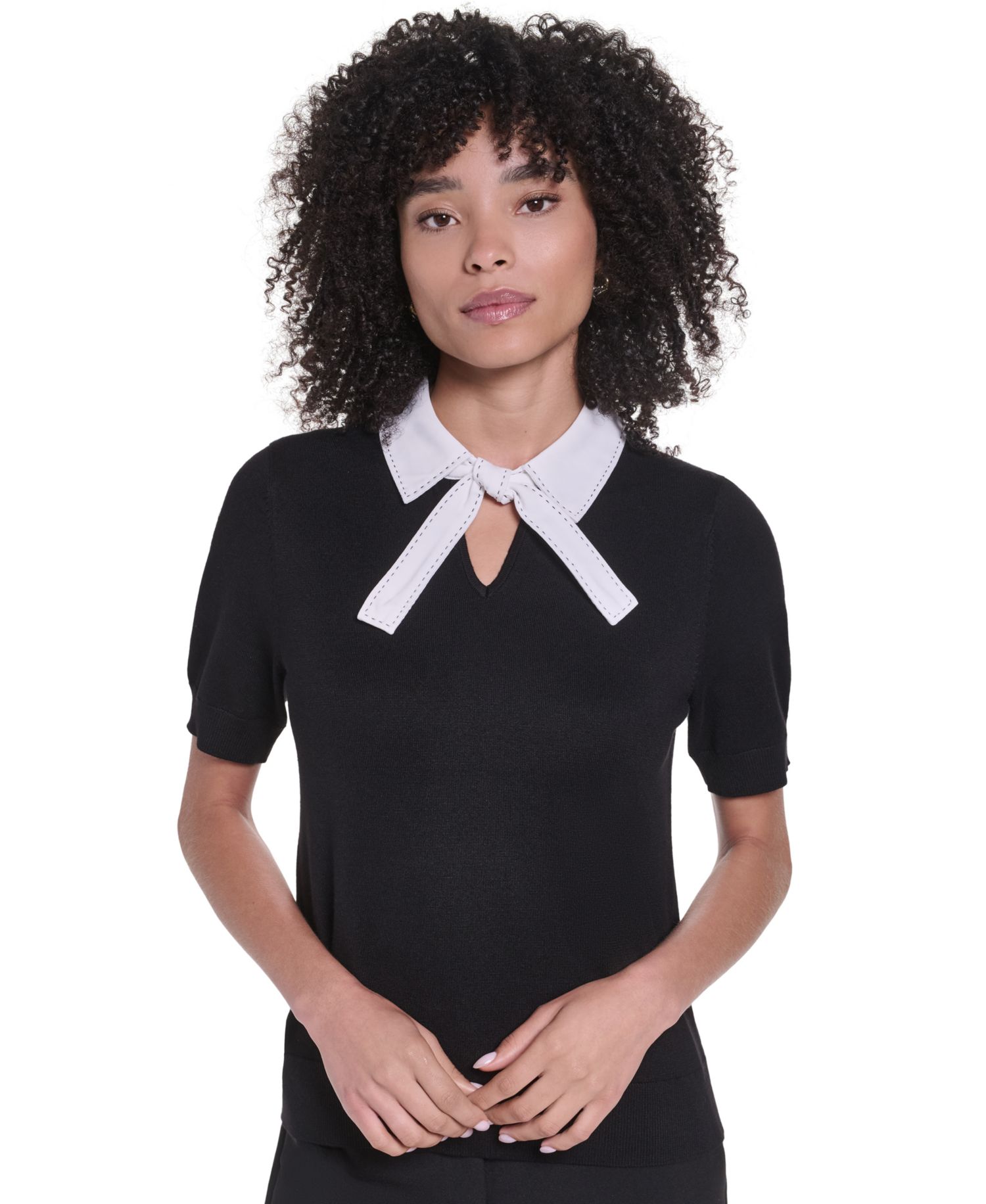 Women's Short-Sleeve Collared Keyhole Sweater
