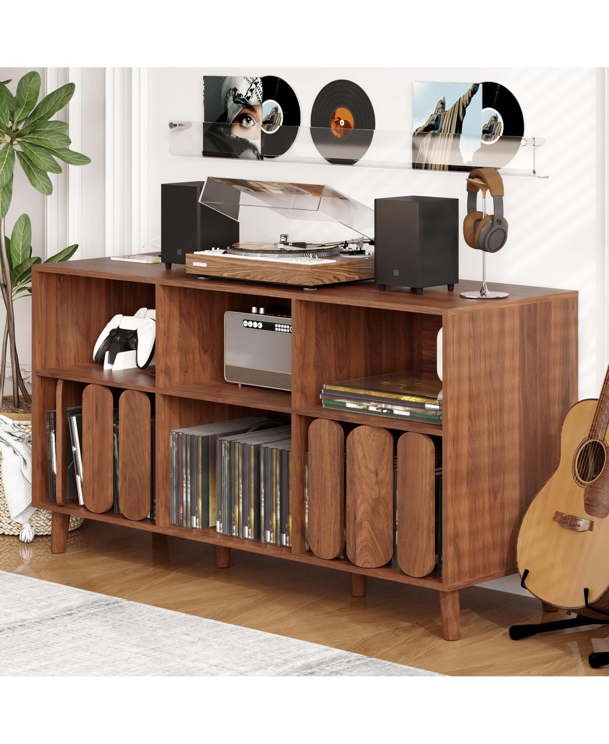 homfan 55.1" Wide Vinyl Record Player Stand with Power Outlets and Usb, Storage Cabinet for 300 Plus Records