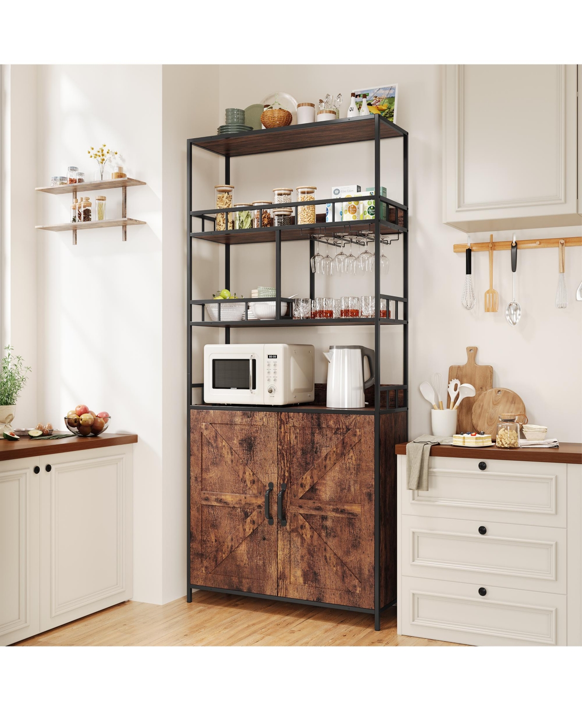 homfan 70.8" Tall Bakers Rack with Cabinet 5-Tier Freestanding Wine and Coffee Bar Cabinet, Wooden Doors, Open Storage Shelves, Metal Spice Rack