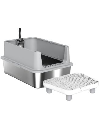 Extra Large Stainless Steel Cat Litter Box with Scoop and Pad