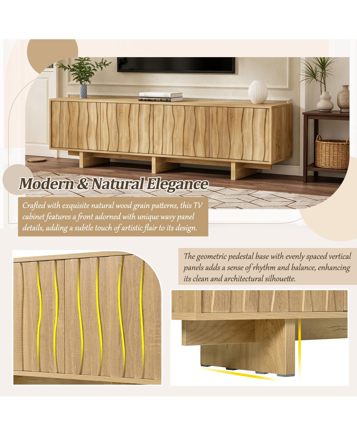 Streamdale Furniture Retro Wood Grain Tv Stand with Wavy Doors for TVs up to 75