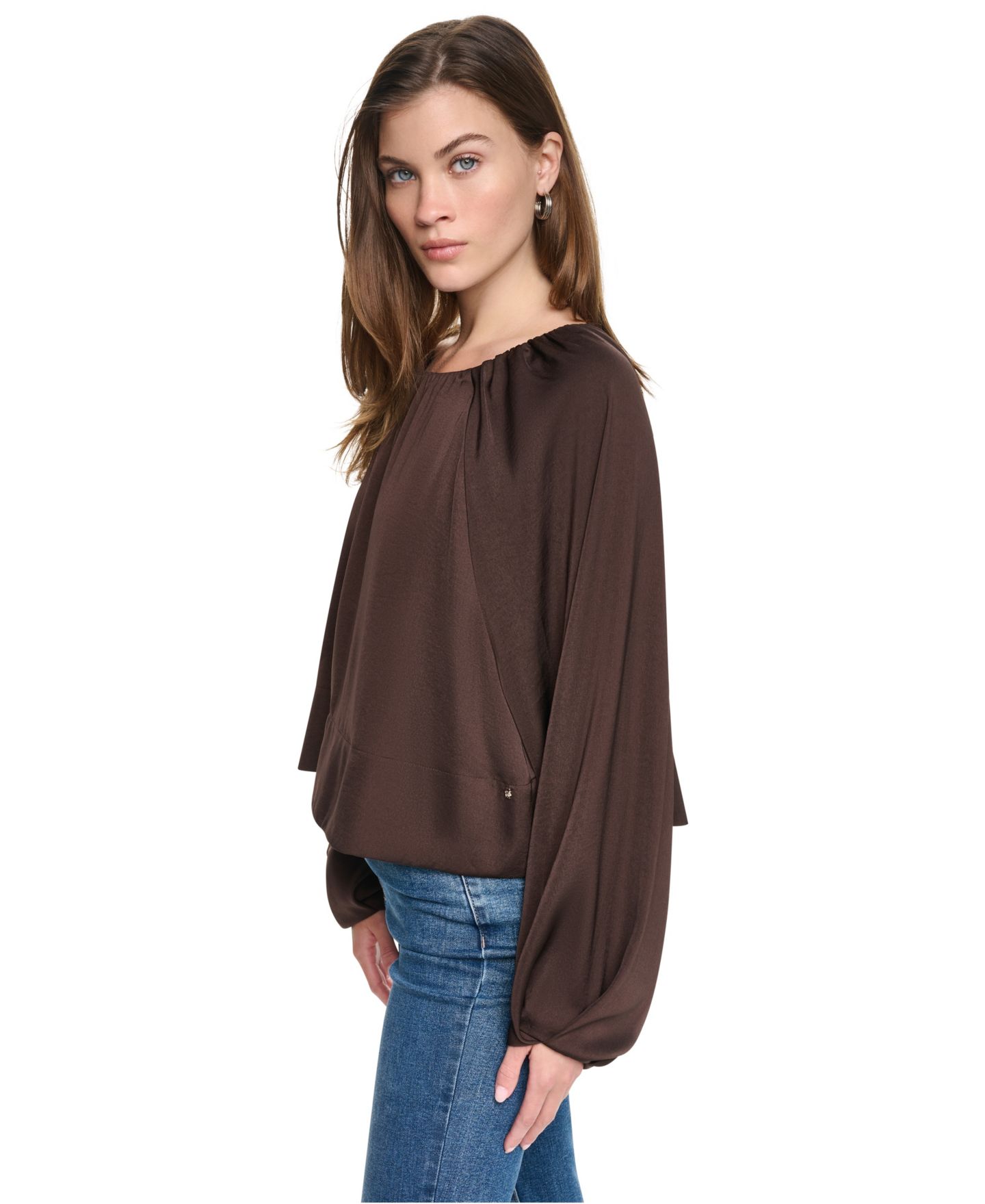 Женская блузка DKNY Jeans Shirred Boat Neck Long-Sleeve Raglan Blouse, цвет: Тёмно-коричневый — фото 3
