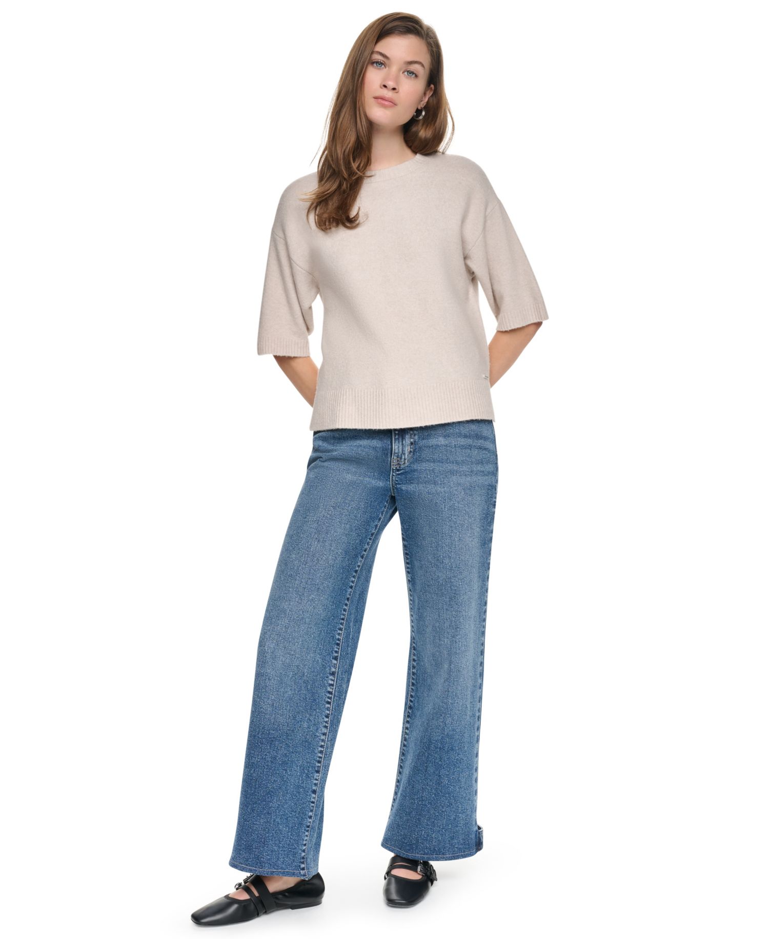 Women's Rugby Boxy Side Slits Short-Sleeve Crewneck Sweater