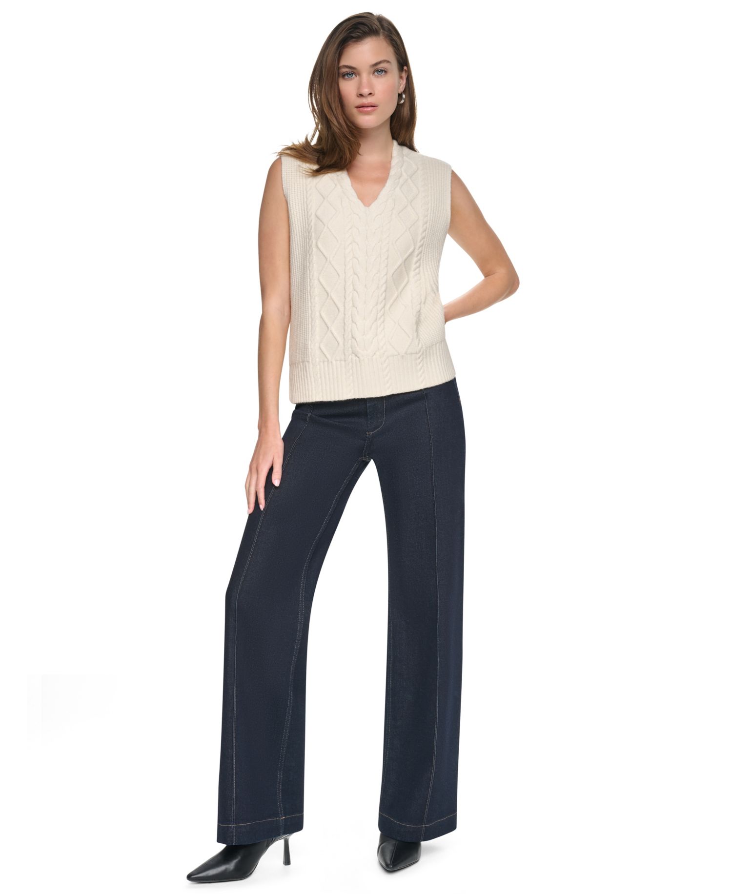 Women's Cable-Knit V-Neck Hi-Low Sweater
