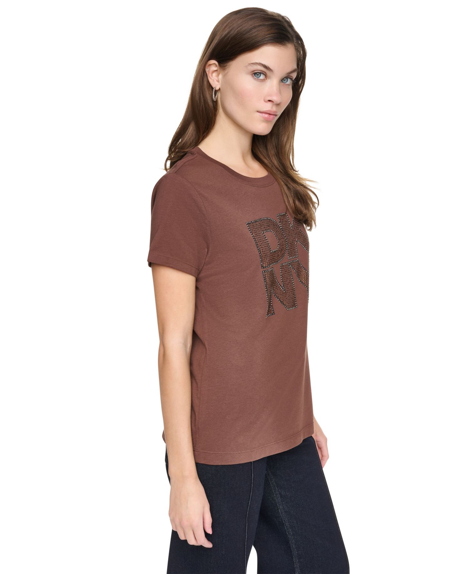 Women's Distressed Rhinestone Logo Short-Sleeve Crewneck T-Shirt
