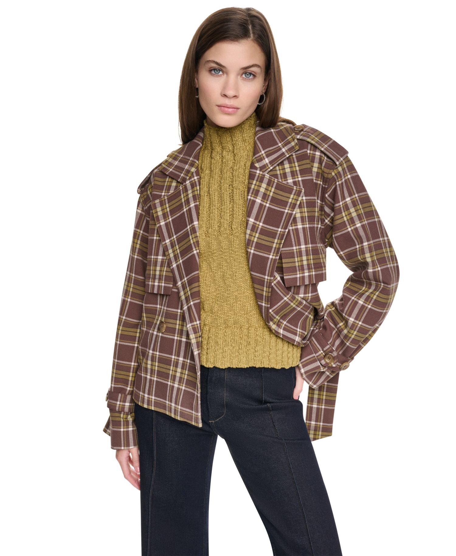 Women's Plaid Double-Breasted Short Trench Jacket