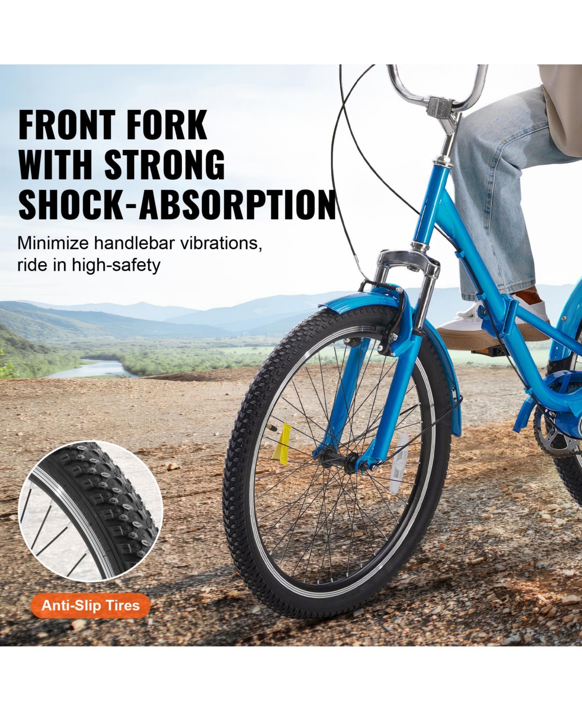 Vevor Folding Adult Tricycle 24" Adult 3-Wheel Folding Trikes Carbon Steel Blue