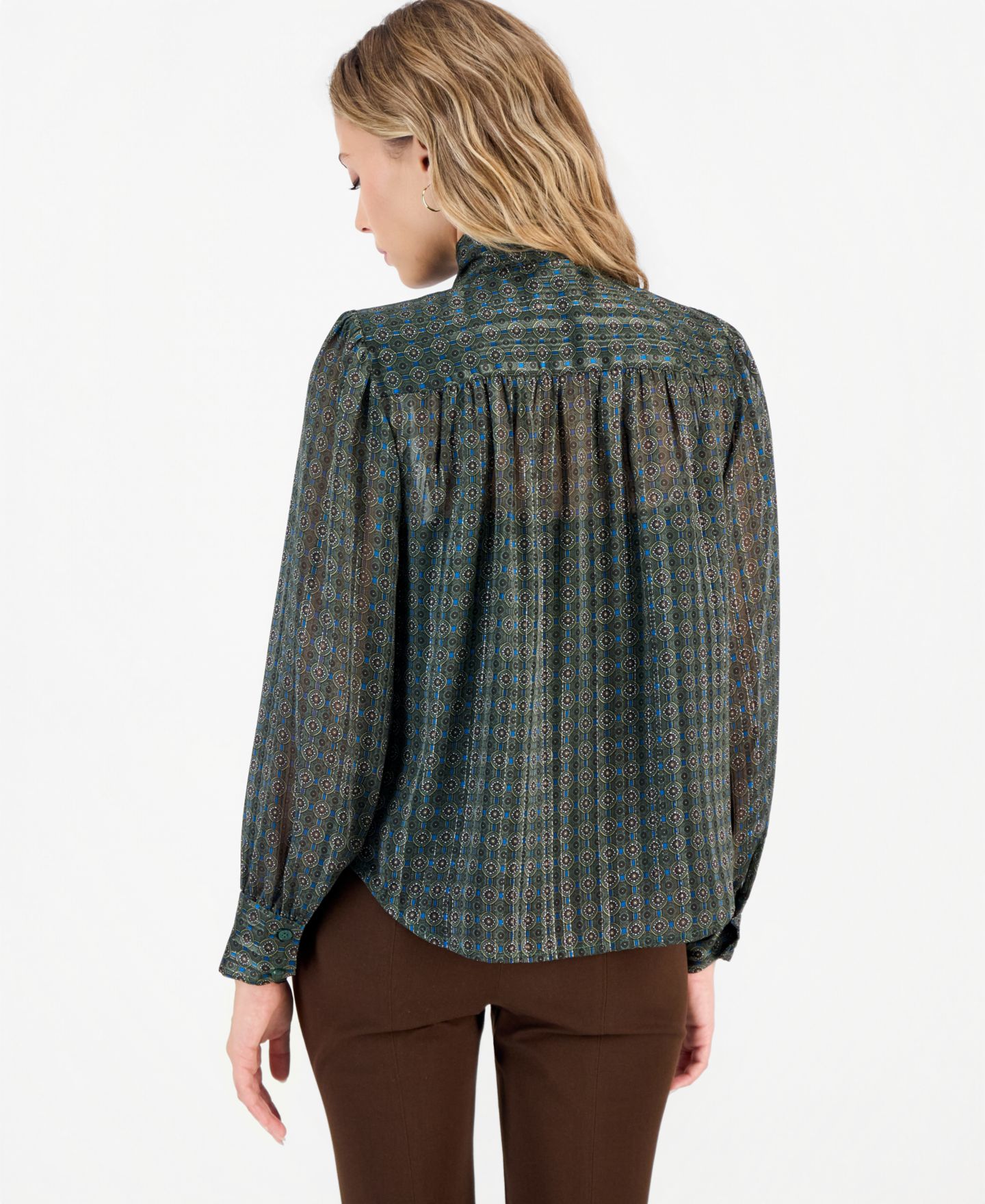 Женская блузка I.N.C. International Concepts Petite Long-Sleeve Woven Geometric-Print, цвет: Зелёный — фото 4