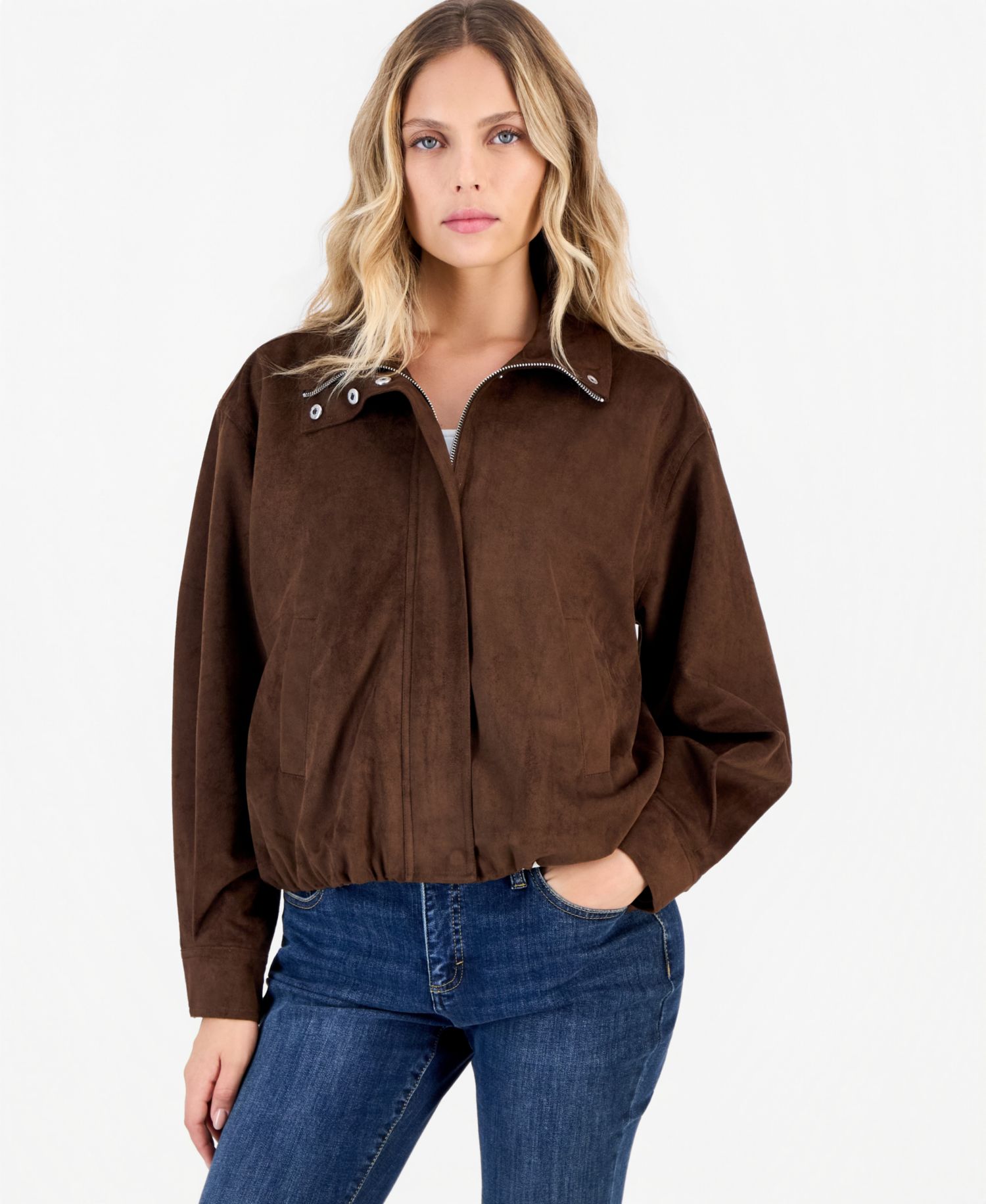 Petite Faux Suede Funnel-Neck Bomber Jacket