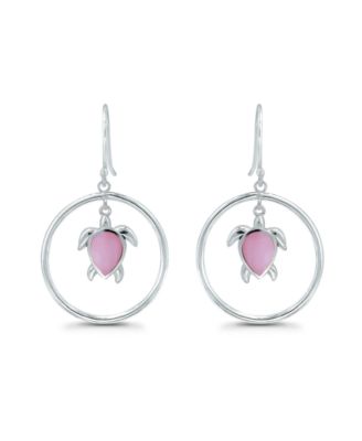 Pink Shell Inlay Fine Silver-Plated Turtle in Open Circle Fishhook Drop Earrings