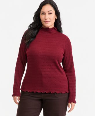 Plus Size Puckered-Rib Funnel Neck Lettuce-Edge Top