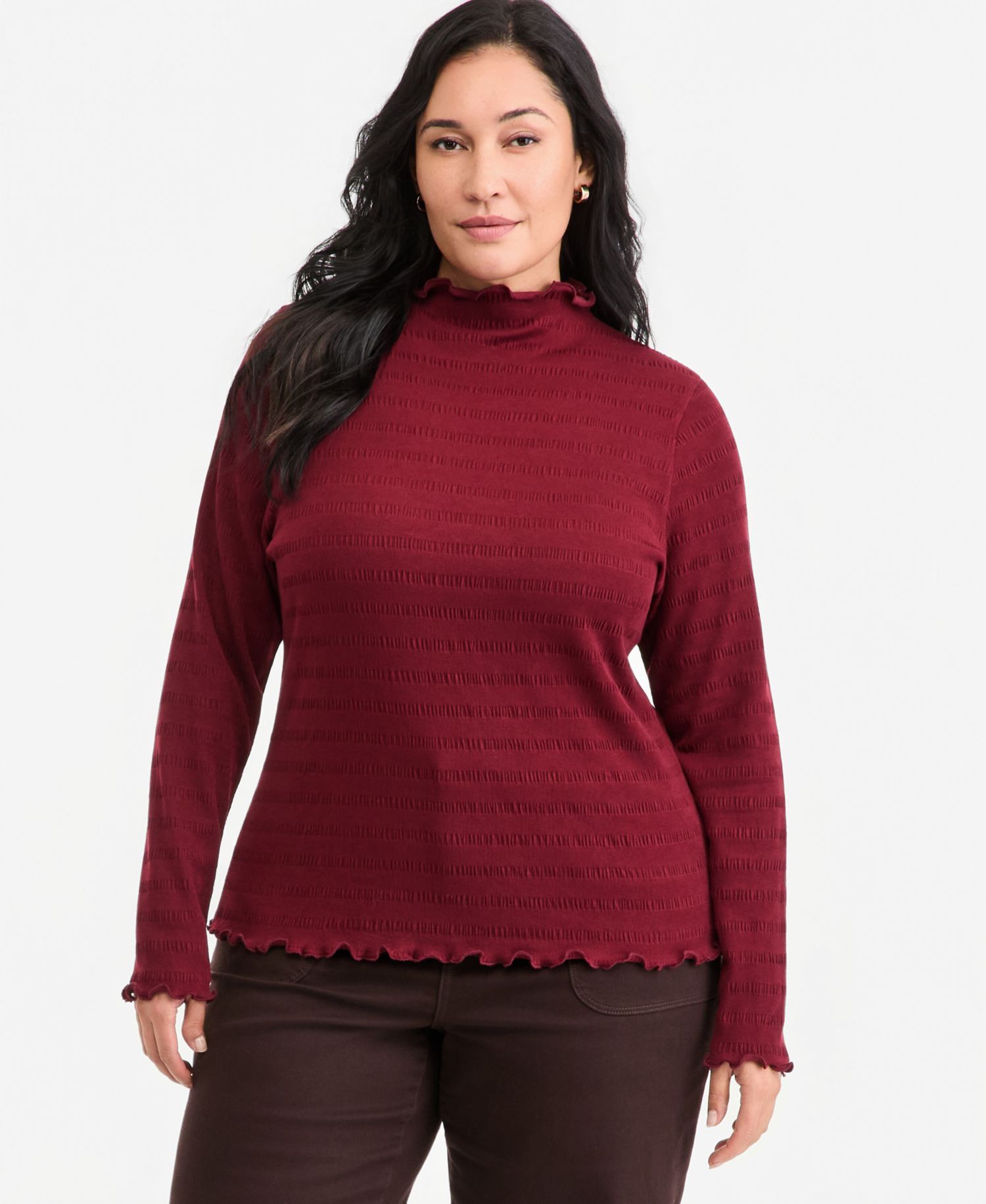 Plus Size Long-Sleeve Funnel Neck Puckered-Rib Top
