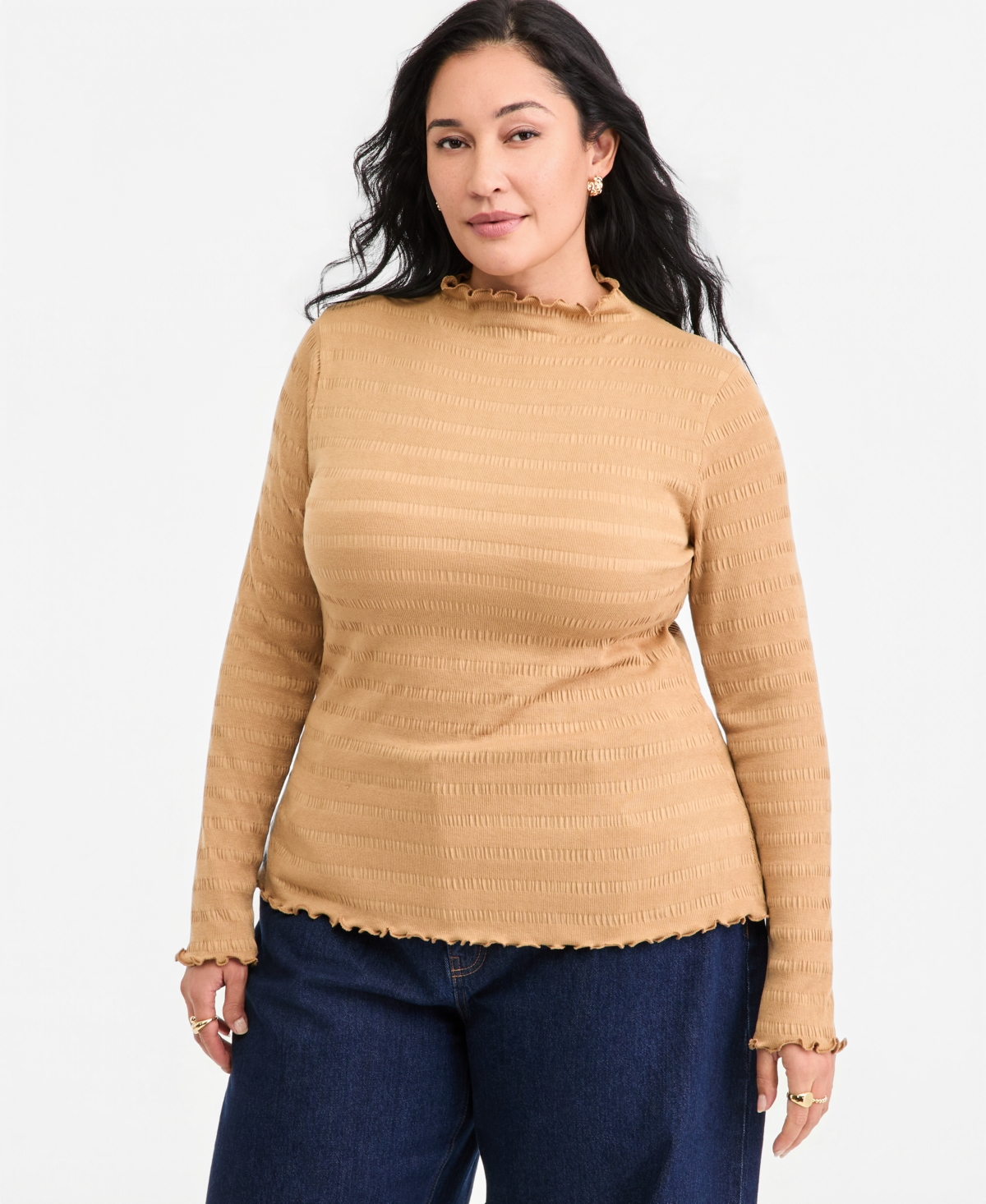 On 34th Plus Size Puckered-rib Funnel Neck Lettuce-edge Top, Macy's Exclusive In Warm Toffee