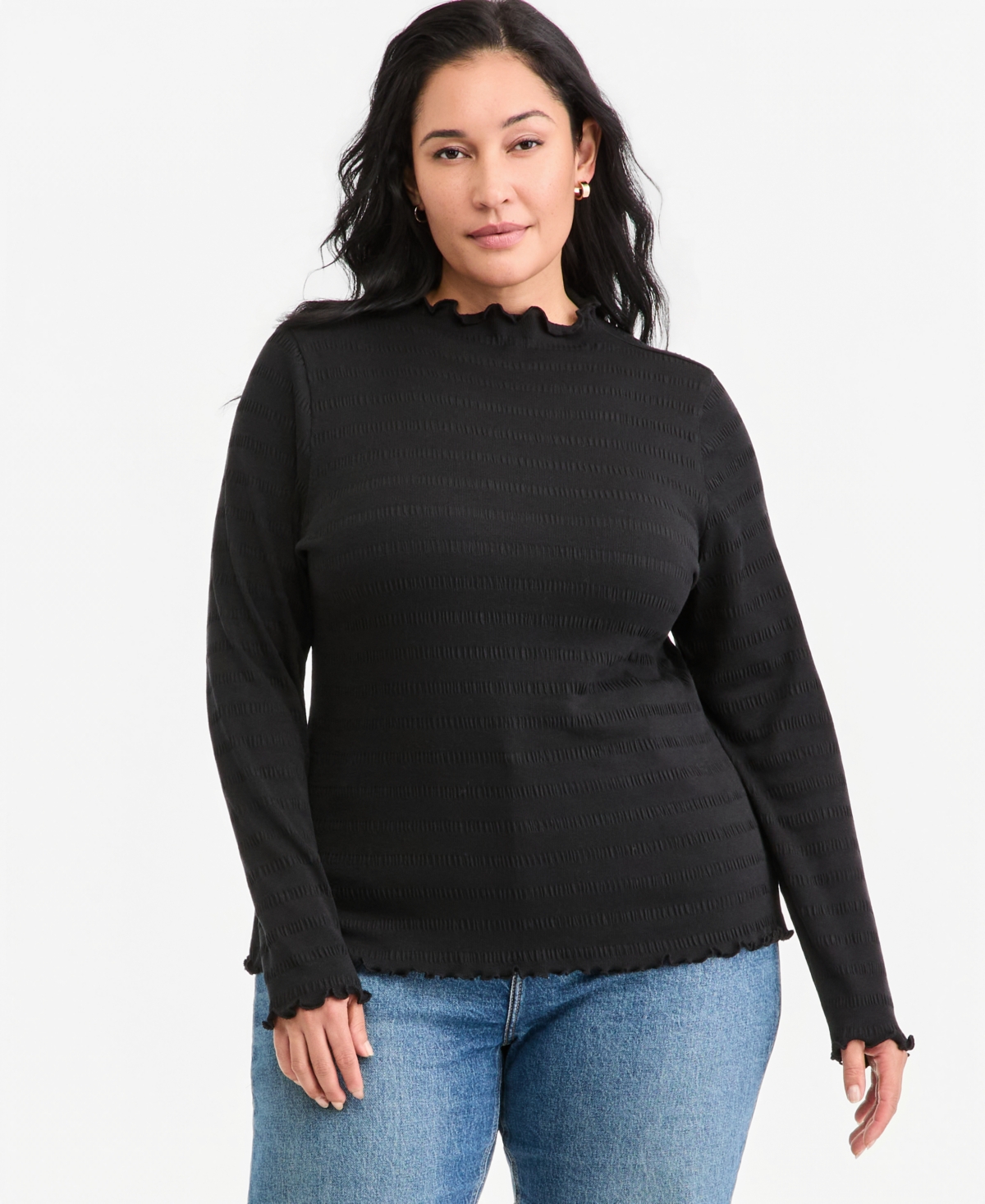 On 34th Plus Size Puckered-rib Funnel Neck Lettuce-edge Top, Macy's Exclusive In Deep Black