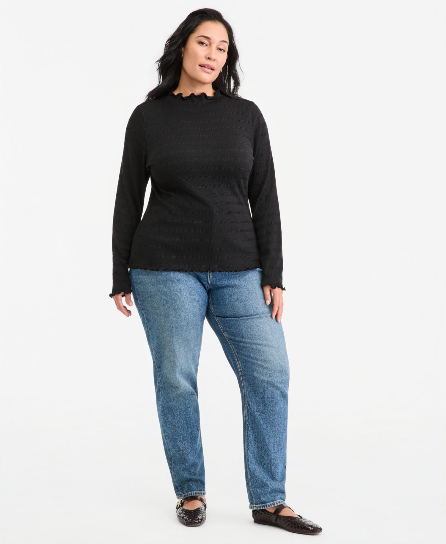 Plus Size Long-Sleeve Funnel Neck Puckered-Rib Top