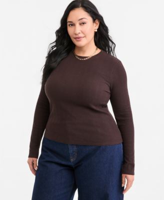 Plus Size Meet & Greet Pointelle Rib-Knit Jacquard Long-Sleeve Top
