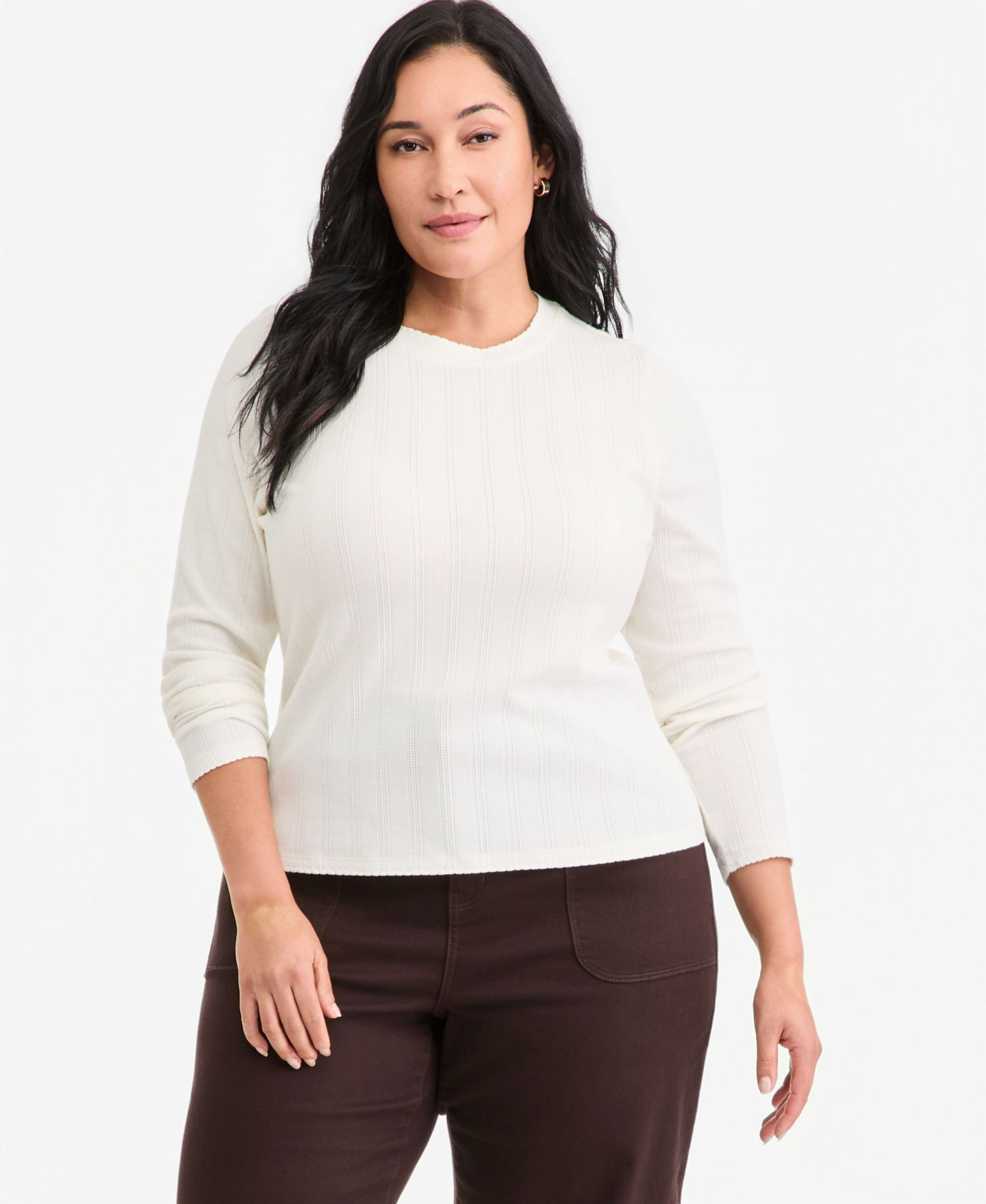 Plus Size Long-Sleeve Pointelle Cropped Meet & Greet T-Shirt