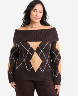 Plus Size Off-the-Shoulder Argyle Sweater