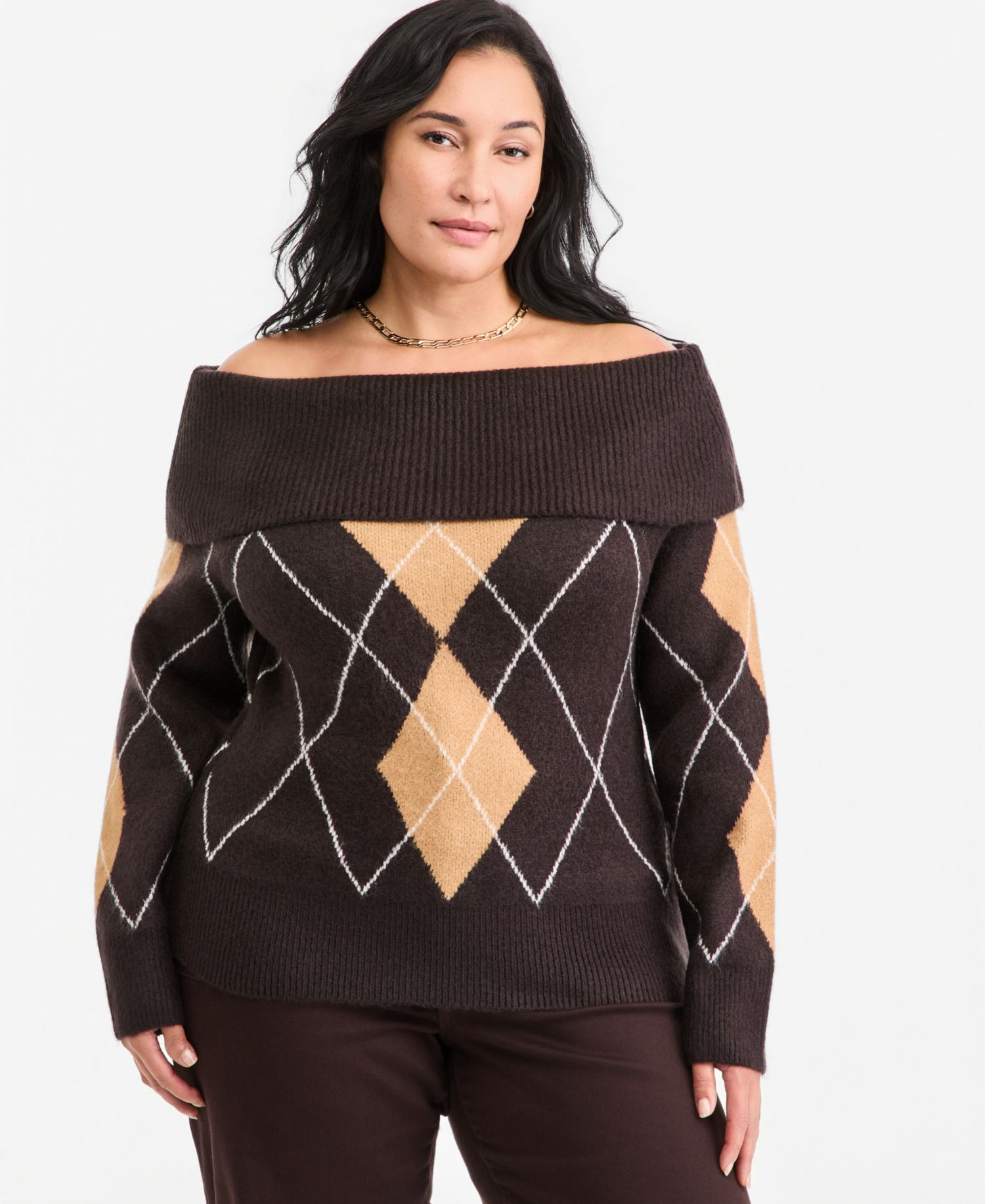 Plus Size Off-the-Shoulder Argyle Sweater