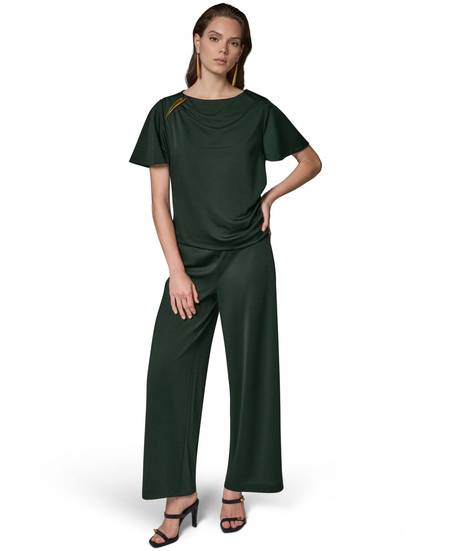 Женский топ Donna Karan New York Ruched Side Short-Sleeve Top, цвет: Чёрный тёмно-зелёный — фото 2