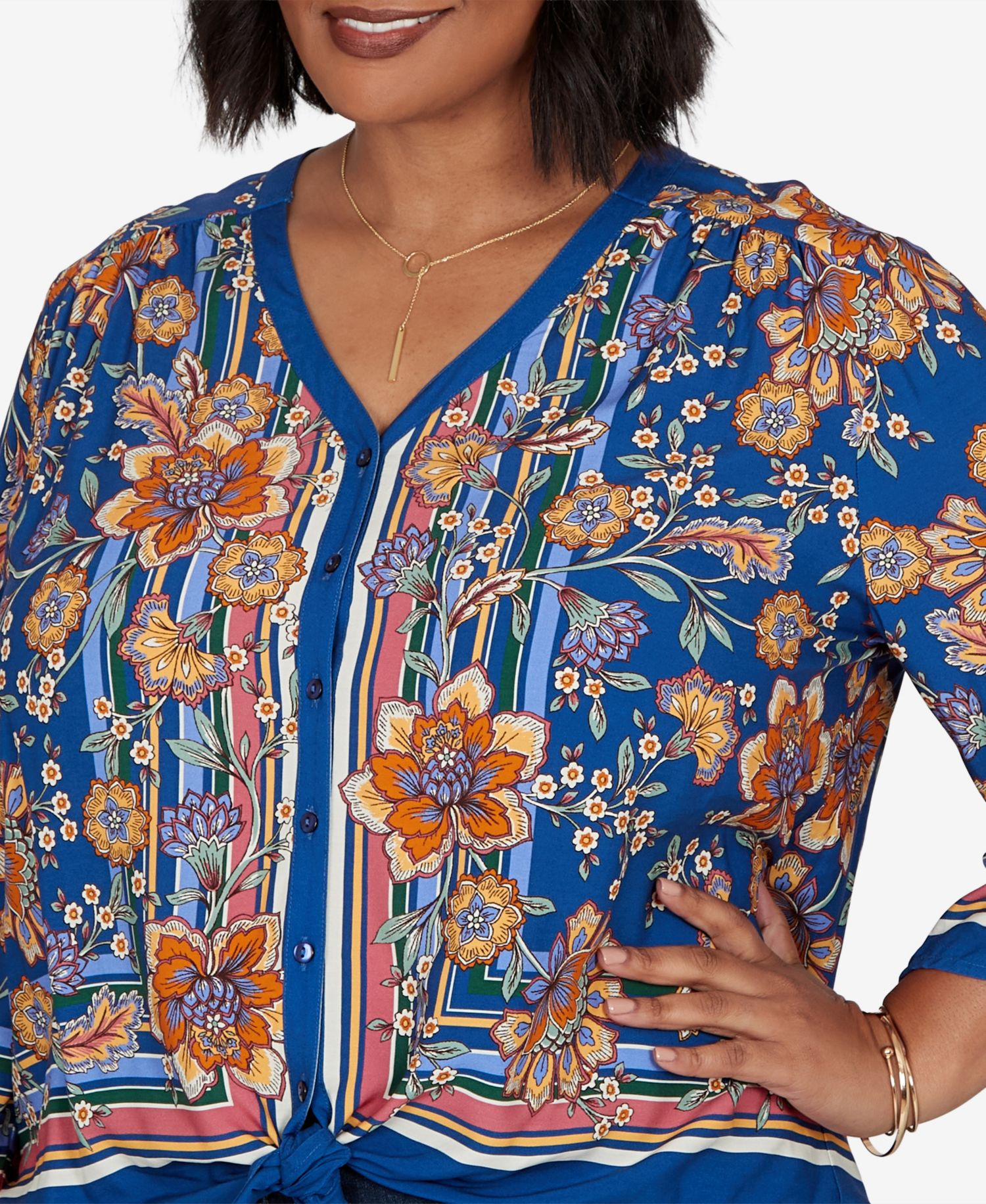 Plus Size Floral Vines Tied Button-Front Blouse