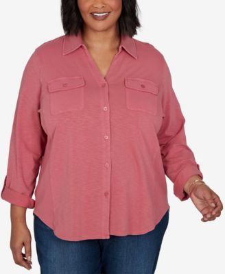 Plus Size Rib Trim Button-Front Knit Top