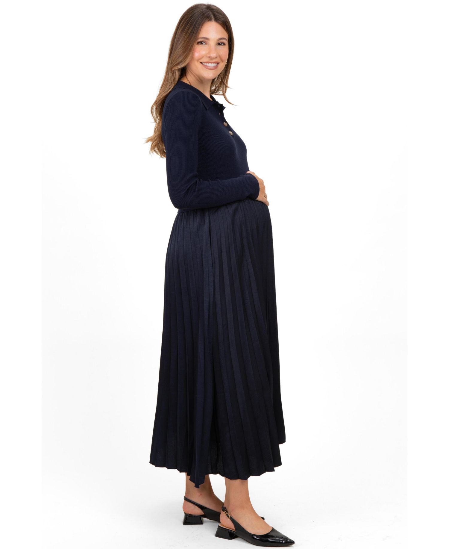 Women's Navy Collared Knit Contrast Pleated Skirt Midi Dress