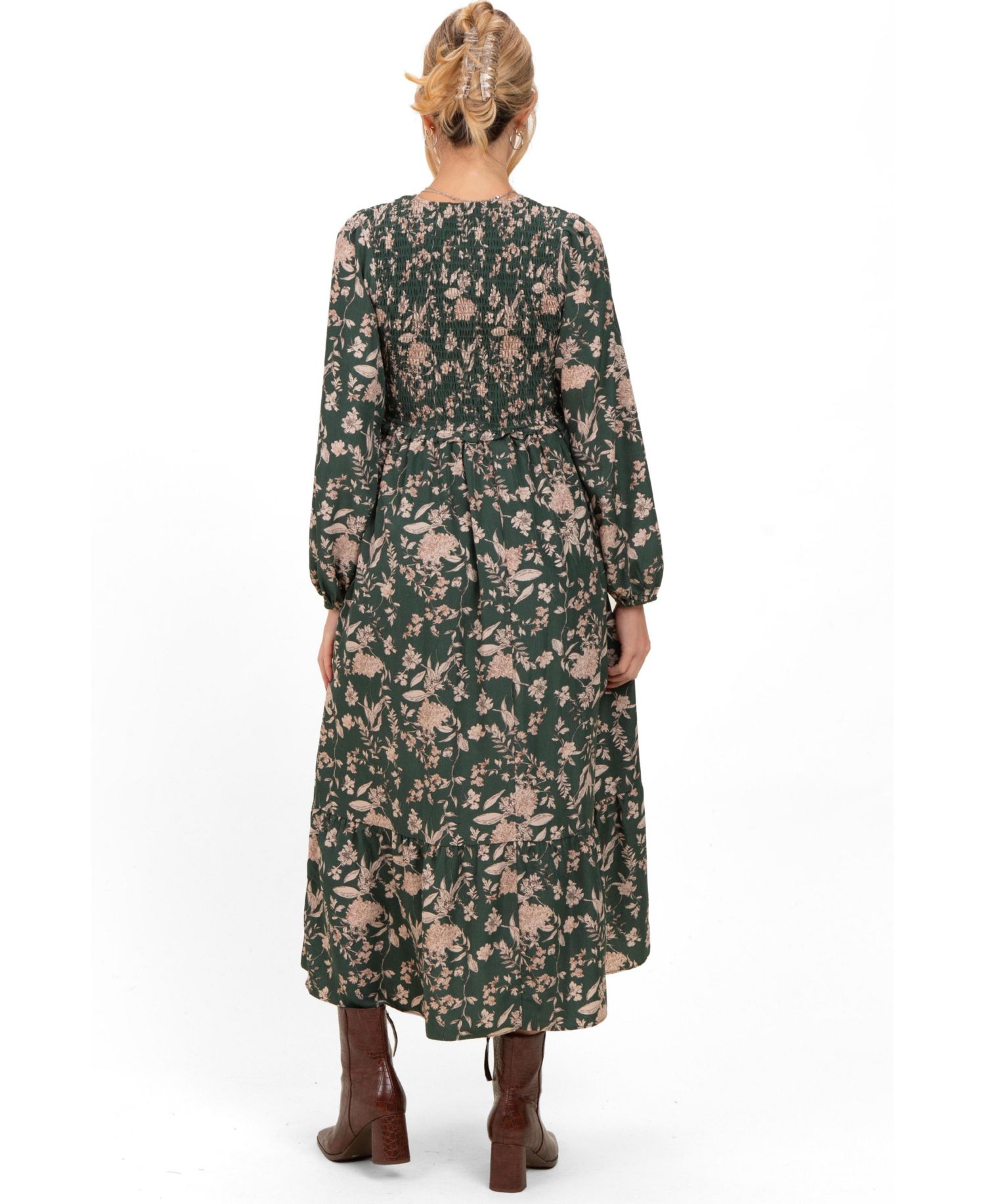 Women's Green Floral Smocked Long Sleeve Midi Dress