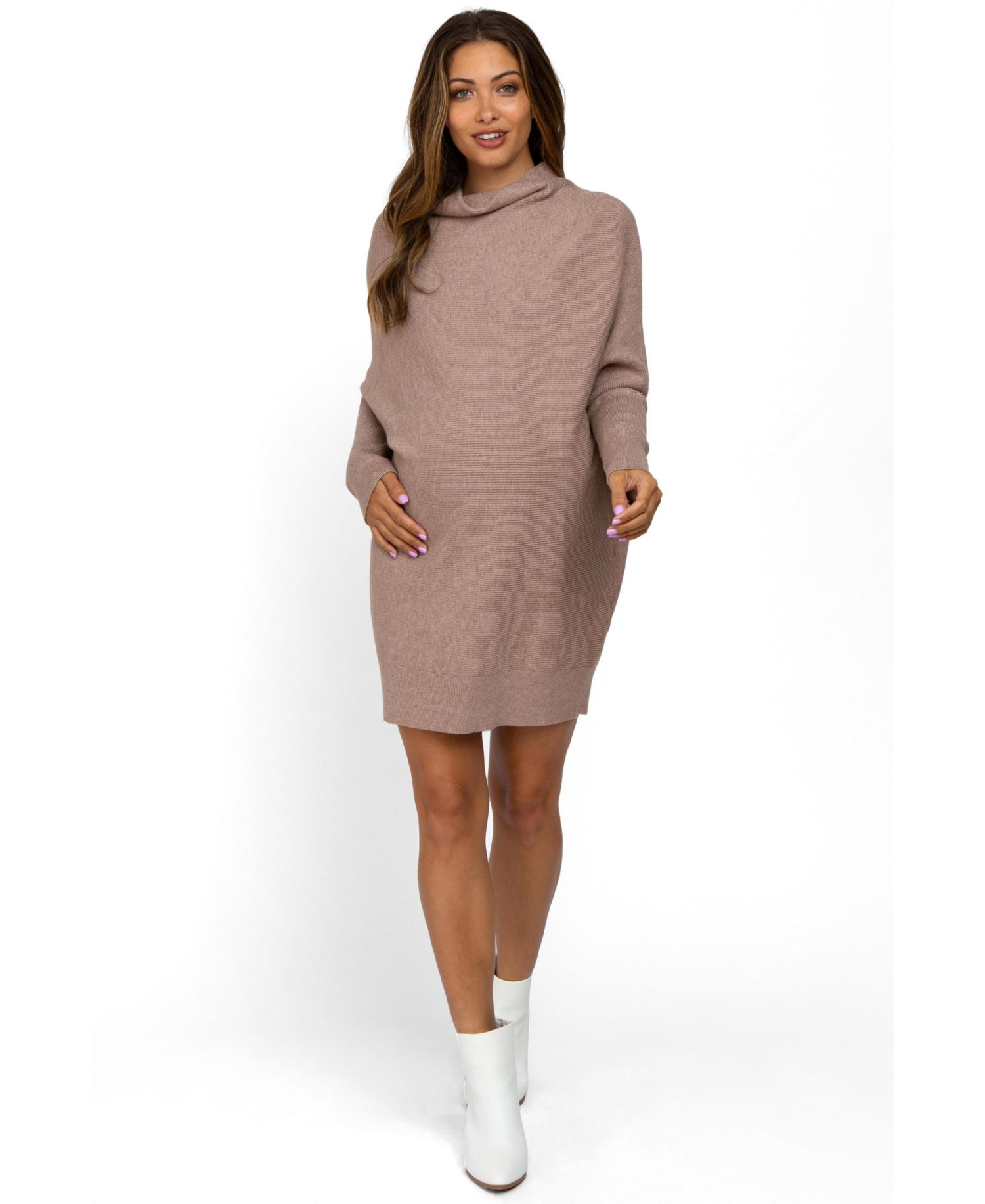 Women's Taupe Funnel Neck Dolman Sleeve Mini Dress