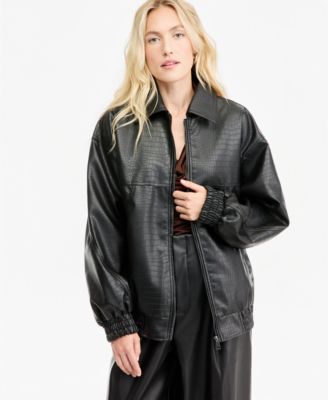 Women's Croc-Embossed Faux-Leather Oversized Bomber Jacket