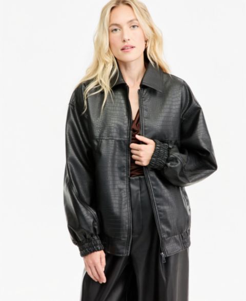 Женская куртка Bar III Croc-Embossed Faux-Leather Oversized Bomber, цвет: Чёрный