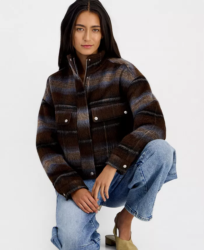 Women's Plaid Corduroy Bomber Jacket - thumbnail 3