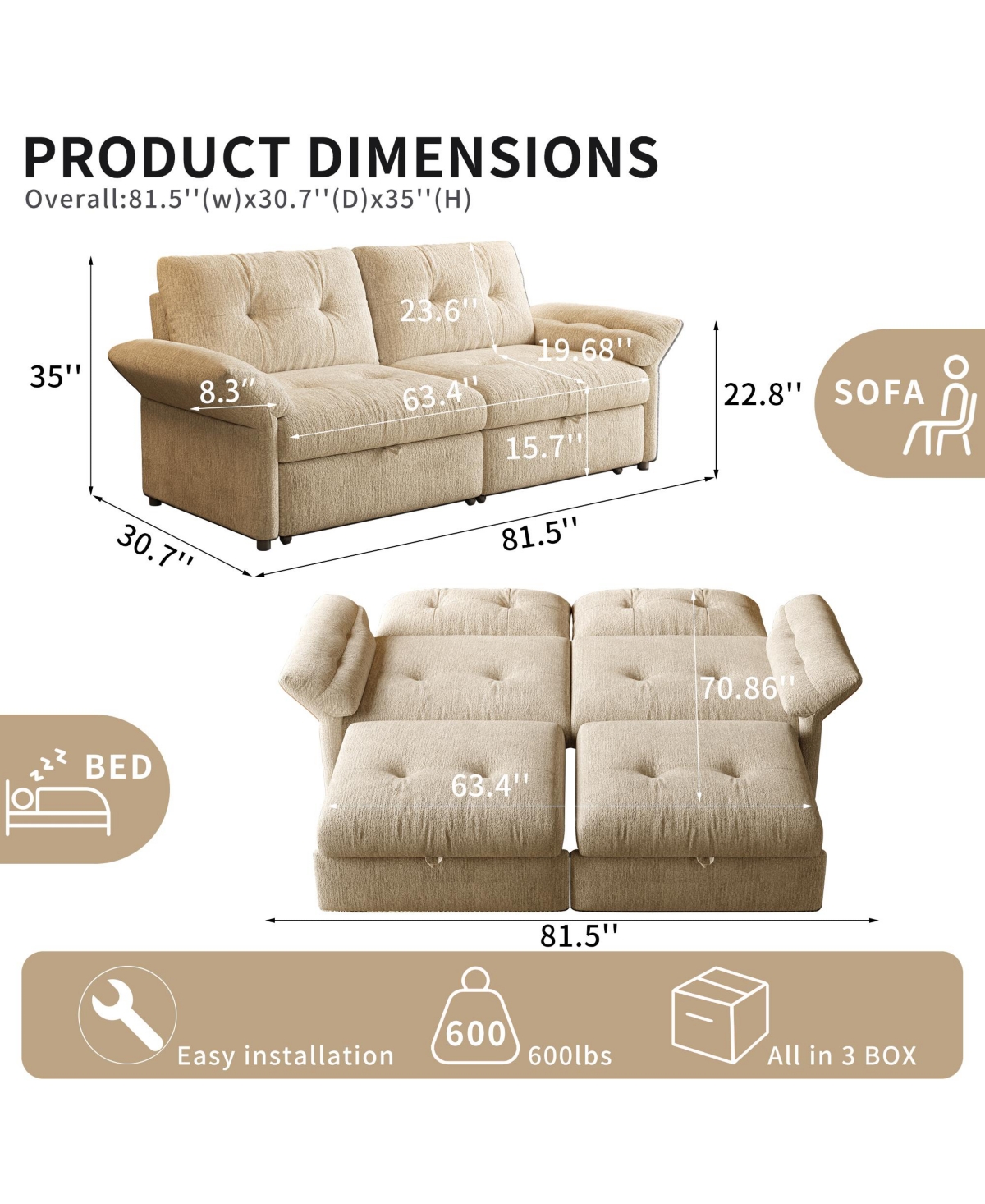 Boyel Living 81.5" Chenille Convertible Sofa Bed, 2-in-1 Pull Out Couch with Solid Wood Frame, 600 lbs Capacity