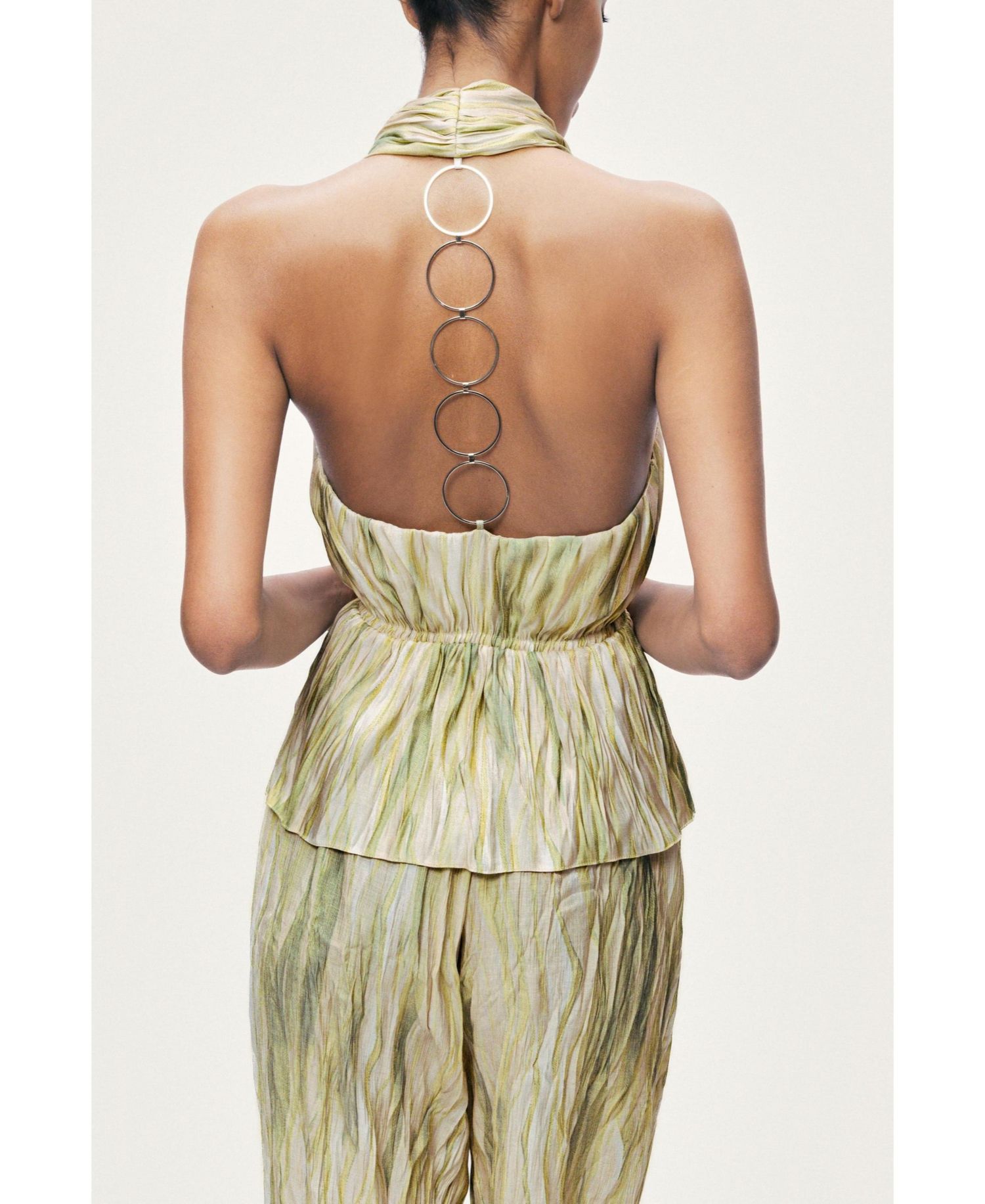 Women's Halterneck Peplum Top with Ring Chain Back Detail