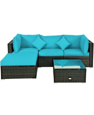 5 Piece Outdoor Patio Rattan Sectional Conversation Furniture Set with Cushions