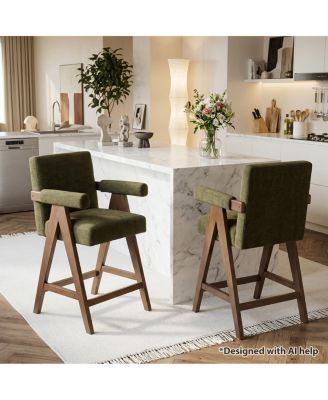 Set of 2 Upholstered Counter Height Bar Stools with Arms, Polyester Blend, Solid Wood Frame, Full Back