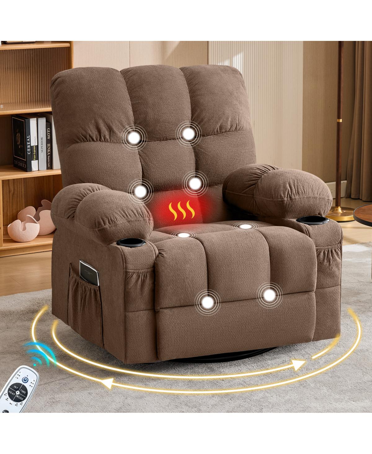 Streamdale Furniture Oversized Swivel Massage Recliner with Heat, Usb Port, and Cup Holder