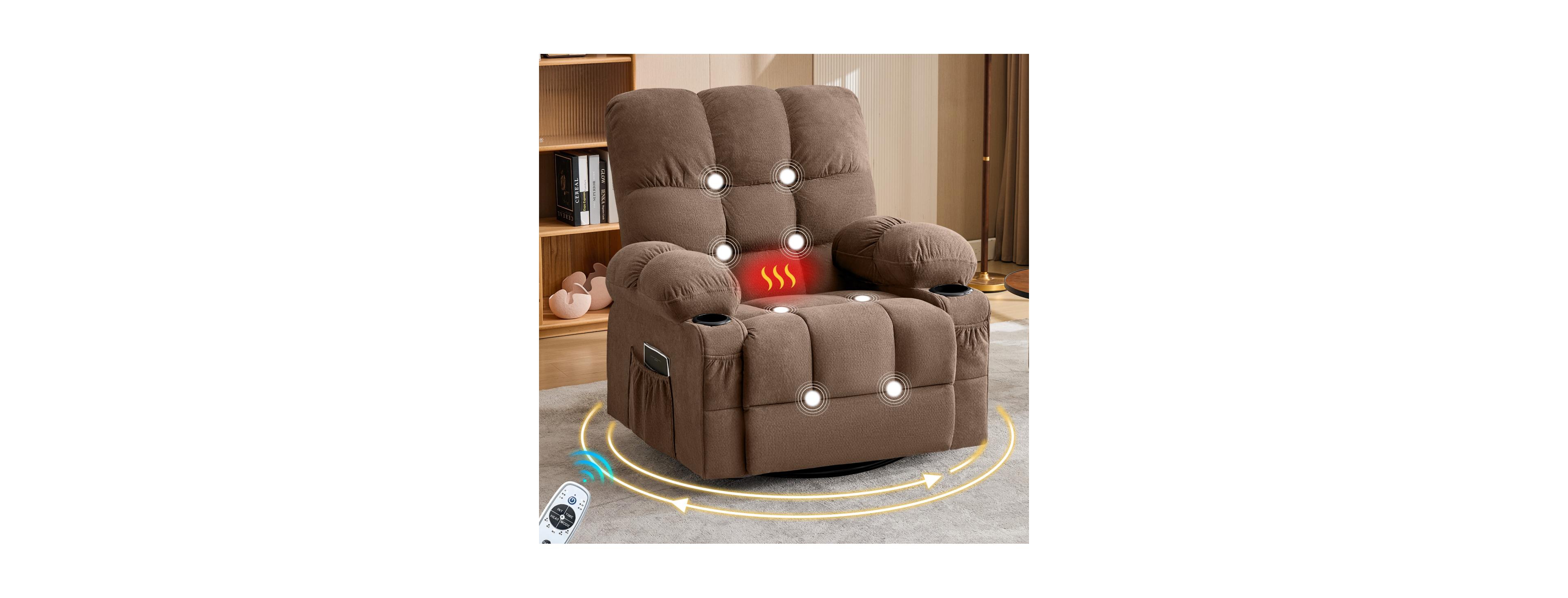 Streamdale Furniture Oversized Swivel Massage Recliner with Heat, Usb Port, and Cup Holder