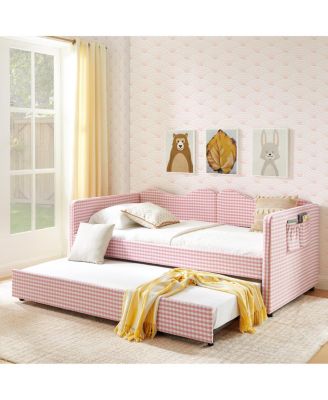 Gingham Upholstered Twin Daybed with Trundle and Side Storage