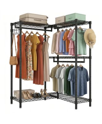 L-Shaped Heavy Duty Corner Garment Rack with 3 Hanging Rods and 2 Hooks