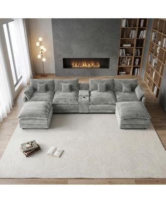  145" U-Shaped Oversized Corduroy Modular Sectional Sofa with USB Port