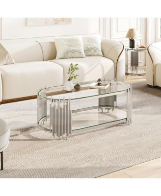 Luxury Silver 2-Tier Oval Glass Coffee Table with Stainless Steel Frame