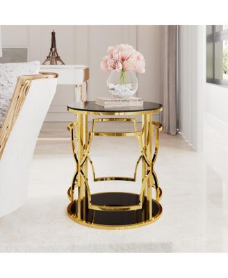 19.7" Luxury Gold Round Side Table with Tempered Glass Top and Storage Shelf